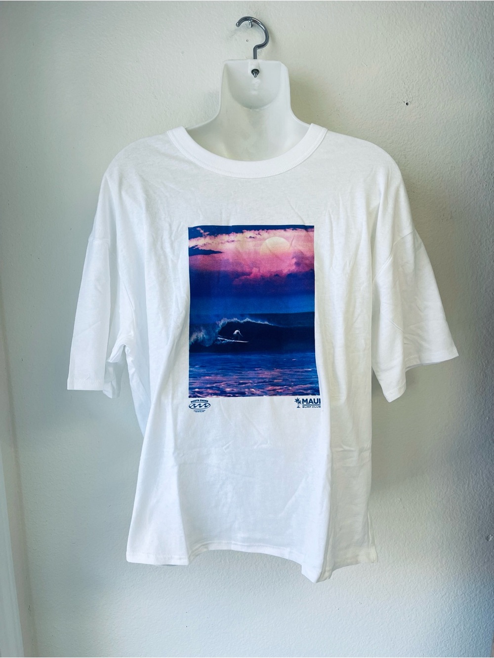 Old Navy White Graphic Tee with Pink and Blue Surf Sunset